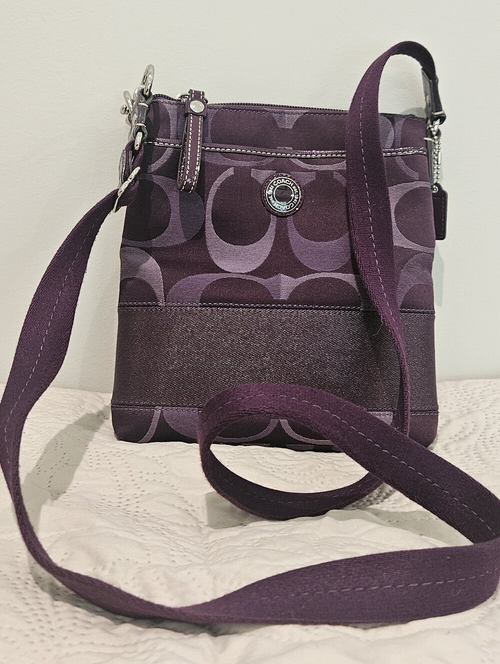 Y2K Vintage Coach Purple Signature Sateen Flat Crossbody Swingpack